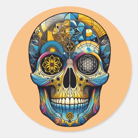 Sacred Geometry Skull Ronde Sticker (Voorkant)