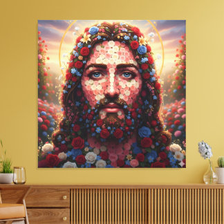 Sacred Heart Jesus Floral Rose Portrait - Premium Canvas Afdruk