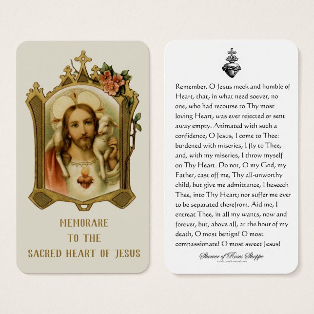 Sacred Heart Jesus Katholieke Memorare Prayer Visitekaartje (Voorkant /achterkant)