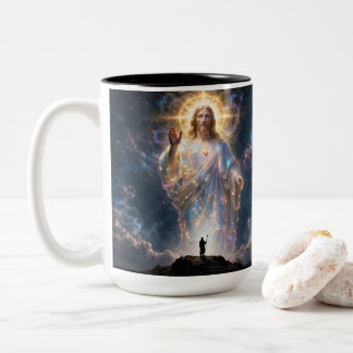 Sacred Heart of Jesus Cosmic Galaxy Square Canvas Tweekleurige Koffiemok