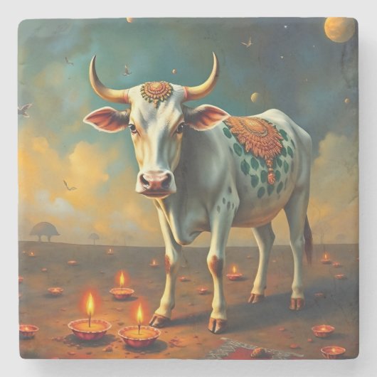 Sacred Koe Diwali Table Accent Stenen Onderzetter (Voorkant)