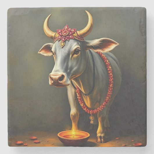 Sacred Koe Diwali Table Accent Stenen Onderzetter (Voorkant)