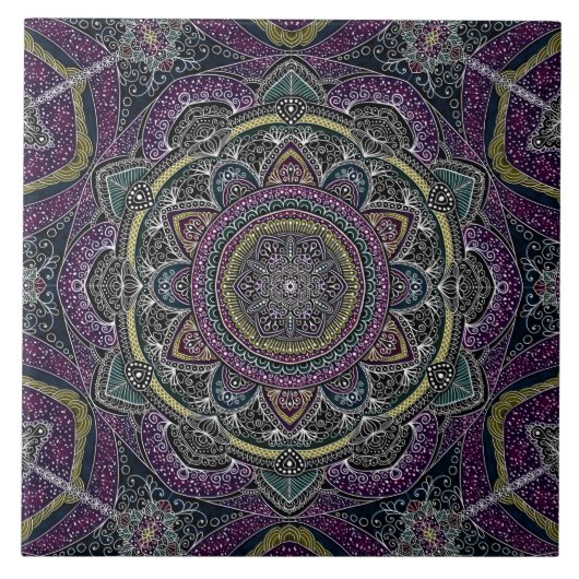 Sacred mandala sterren en kant paars en zwart tegeltje (Voorkant)