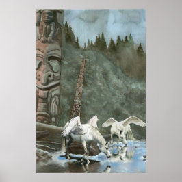 Sacred Pegasi, River and Totem Poles Fantasy Art Poster