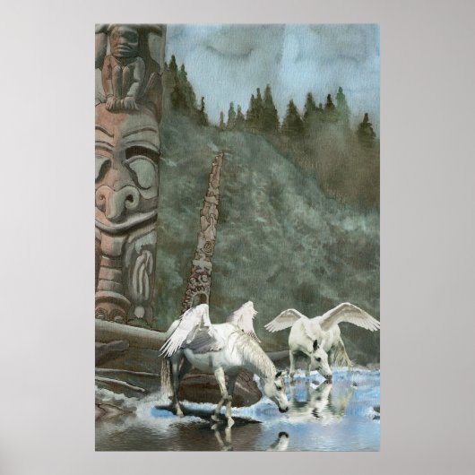 Sacred Pegasi, River and Totem Poles Fantasy Art Poster (Voorkant)