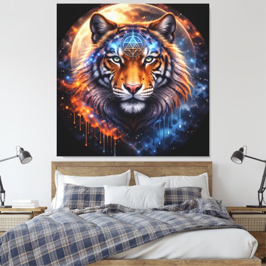 Sacred Tiger – Cosmic Balance | Mystical Tiger Fan Canvas Afdruk (Insitu (Slaapkamer))