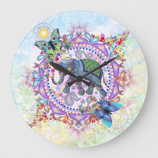 Sacred Tribal Henna Elephant grote klok (Voorkant)