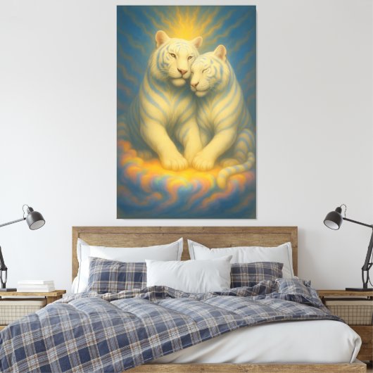 Sacred Twin White Tigers – Eternal Bond of Light Canvas Afdruk (Insitu (Slaapkamer))