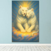 Sacred Twin White Tigers – Eternal Bond of Light Canvas Afdruk (Insitu (Houten vloer))