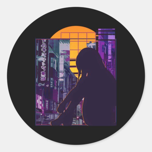 Sad Anime Japanse Vaporwave Esthetische Anime Ronde Sticker (Voorkant)