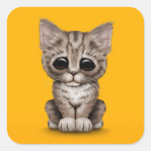 Sad Cute Brown Tabby Kitten Cat Yellow Vierkante Sticker