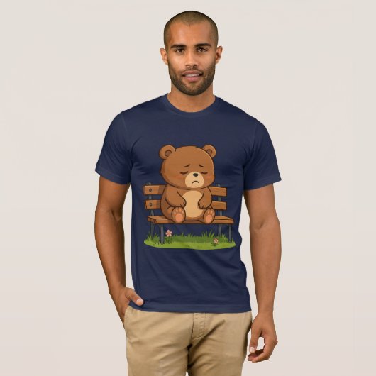 Sad Cute Teddy Bear on Bench – Emotional Cartoon T-shirt (Voorkant volledig)