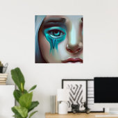 Sad Face met Blue Tears AI Gegenereerde Kunstwerk Poster (Thuiskantoor)