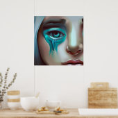 Sad Face met Blue Tears AI Gegenereerde Kunstwerk Poster (Keuken)