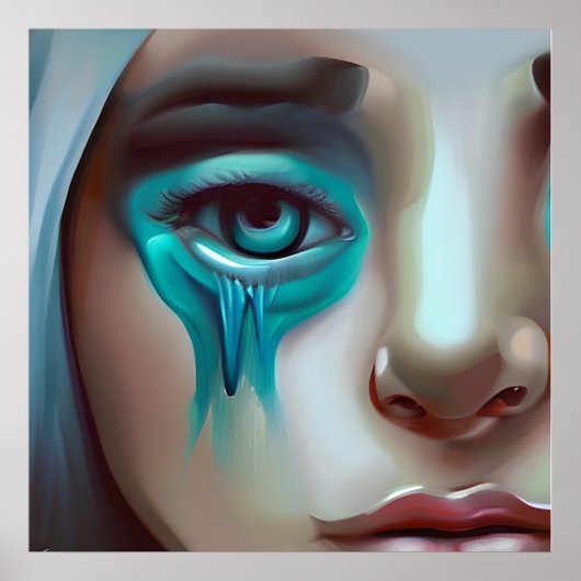 Sad Face met Blue Tears AI Gegenereerde Kunstwerk Poster (Voorkant)