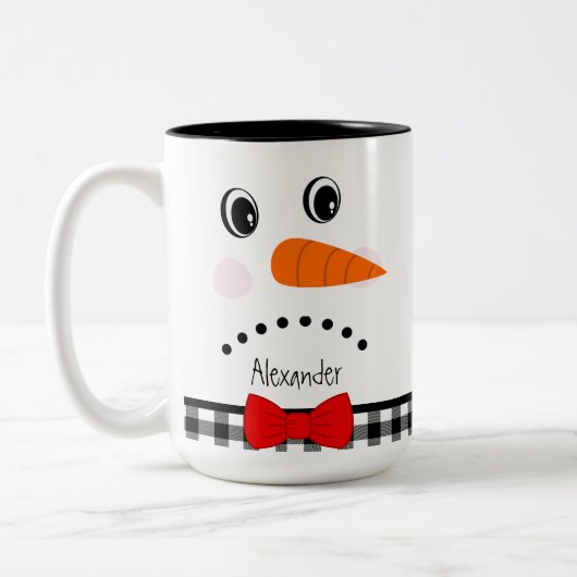 Sad Face Snowman Red Bowtie Black Buffalo Tweekleurige Koffiemok (Links)