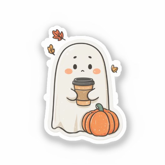 Sad Ghost met Koffie Sticker – Schattigee Herfst C (Voorkant)