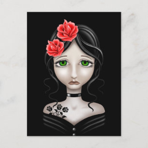 Sad Girl met rode rozen op zwart Briefkaart