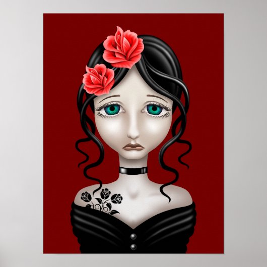 Sad Girl met rode rozen Poster (Voorkant)