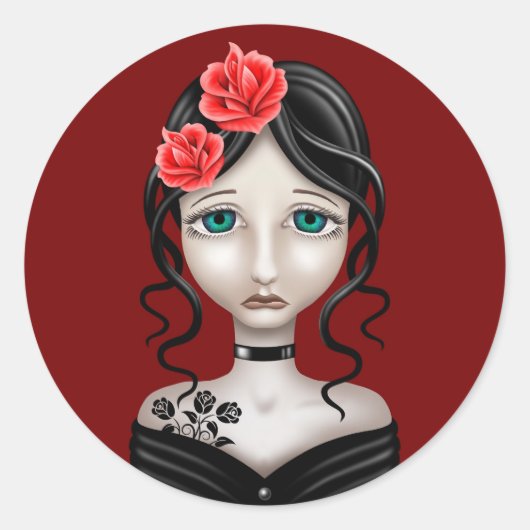 Sad Girl met rode rozen Ronde Sticker (Voorkant)
