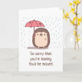 Sad hedgel Holding umbrella in Regen, Farewell Kaart (Gele Bloem)