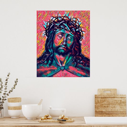 Sad Jezus Christus Face Thorn Abstracte kunst Poster (Keuken)