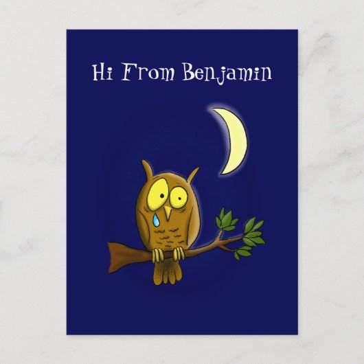 Sad owl met traan en maan die je cartoon mist briefkaart (Voorkant)