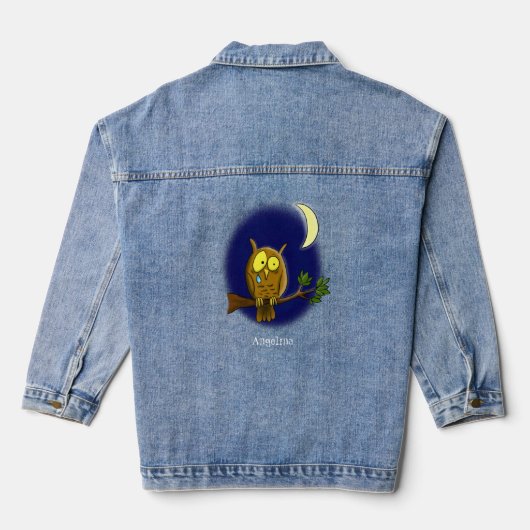 Sad owl met traan en maan die je cartoon mist denim jacket (Achterkant)