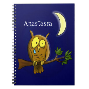 Sad owl met traan en maan die je cartoon mist notitieboek