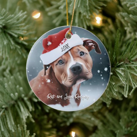 Sad Pit Bull met Santa Hat Kerstmis Keramisch Ornament (Boom)
