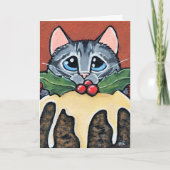 Sad Tabby Cat en Christmas Pudding Schilderij Feestdagen Kaart (Voorkant)
