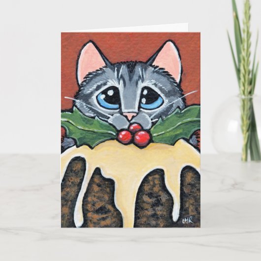 Sad Tabby Cat en Christmas Pudding Schilderij Feestdagen Kaart (Voorkant)