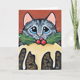 Sad Tabby Cat en Christmas Pudding Schilderij Feestdagen Kaart