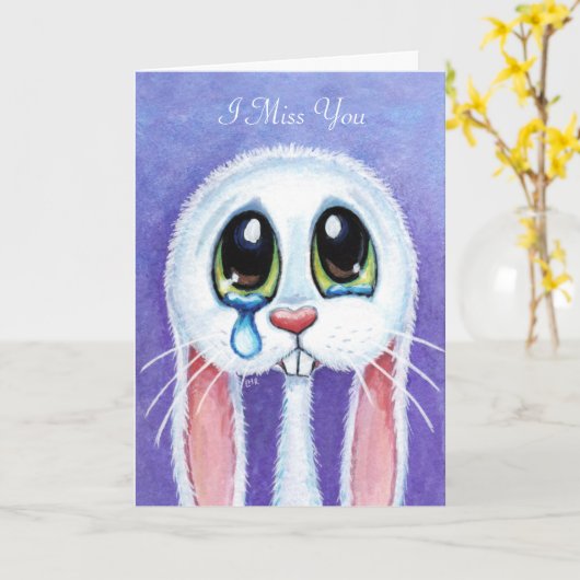Sad Teary Bunny Rabbit I Miss You beroemd gemaakt  Kaart (Gele Bloem)
