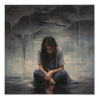 Sad woman sitting on the floor foto afdruk