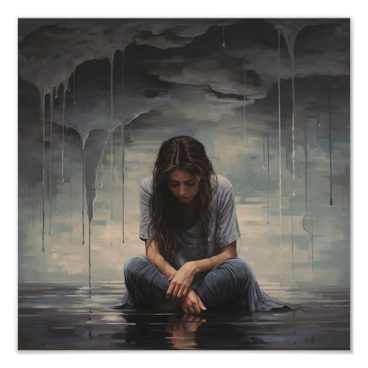 Sad woman sitting on the floor foto afdruk (Voorkant)