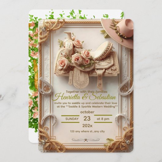 Saddle & Sparkle – Rustieke Westerne bruiloft uitn Kaart (Voorkant / Achterkant)