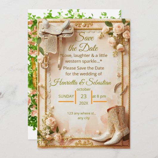Saddle & Sparkle – Westerne bruiloft Bewaar de dat (Voorkant / Achterkant)