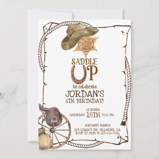 SADDLE UP, COWBOY PARTY, BOY BIRTHDAY, WESTERN AANKONDIGING (Voorkant)