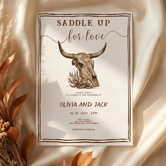 Saddle Up for Love Western Ranch Cow Skull Wedding Kaart