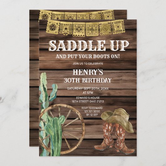 Saddle Up Westerne Cowboy Verjaardag Rustiek Hout Kaart (Voorkant / Achterkant)