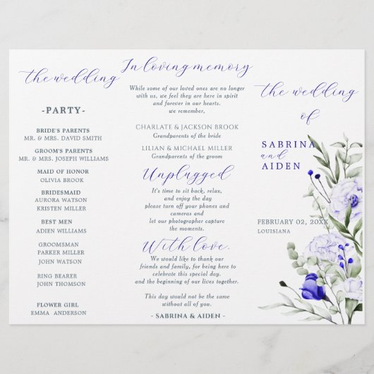 Sade of Royal Blue Ivory Floral Wedding Program (Voorkant)