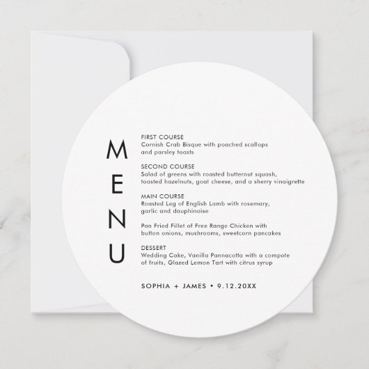 SADIE Minimalistische ronde bruiloft diner menu Kaart (Voorkant)