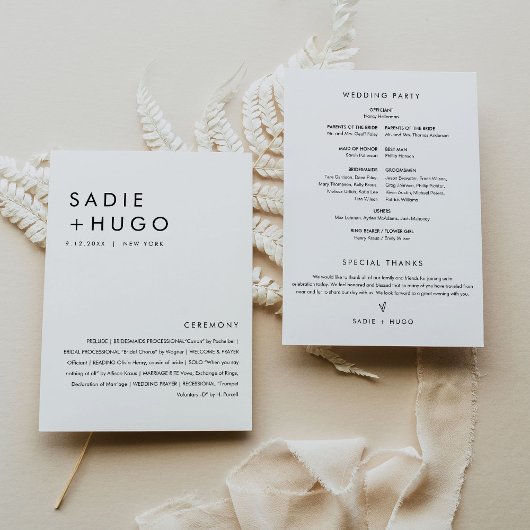SADIE Modern Minimal Wedding Program 5x7 Flat Kaar Kaart