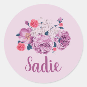 Sadie Naam Bloem Aangepaste Vintage Bloem Roze Mei Ronde Sticker