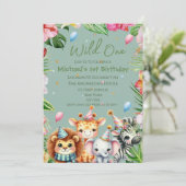 Safari 1e Verjaardag Wild One Floral Kids Verjaard Kaart (Staand voorkant)