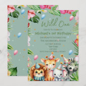 Safari 1e Verjaardag Wild One Floral Kids Verjaard Kaart (Voorkant / Achterkant)