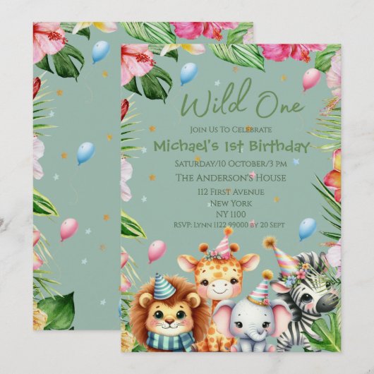 Safari 1e Verjaardag Wild One Floral Kids Verjaard Kaart (Voorkant / Achterkant)