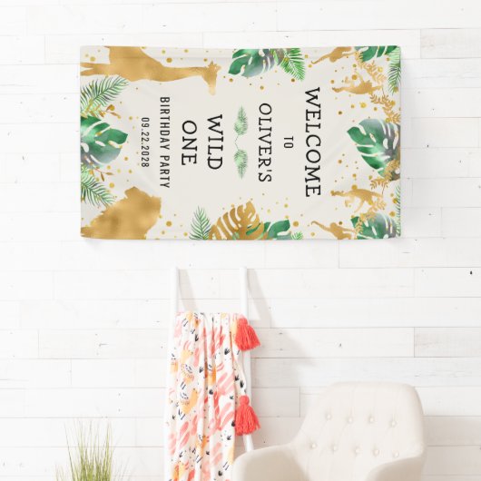 Safari 1st Birthday Green Ecru Welkom Spandoek (Insitu)