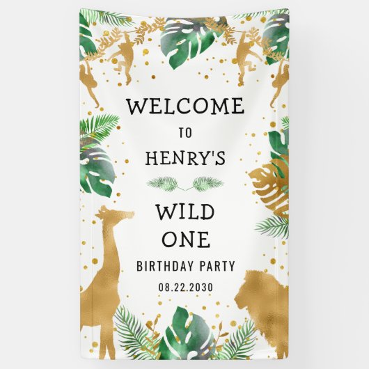 Safari 1st Birthday Green Gold Welkom Spandoek (Verticaal)